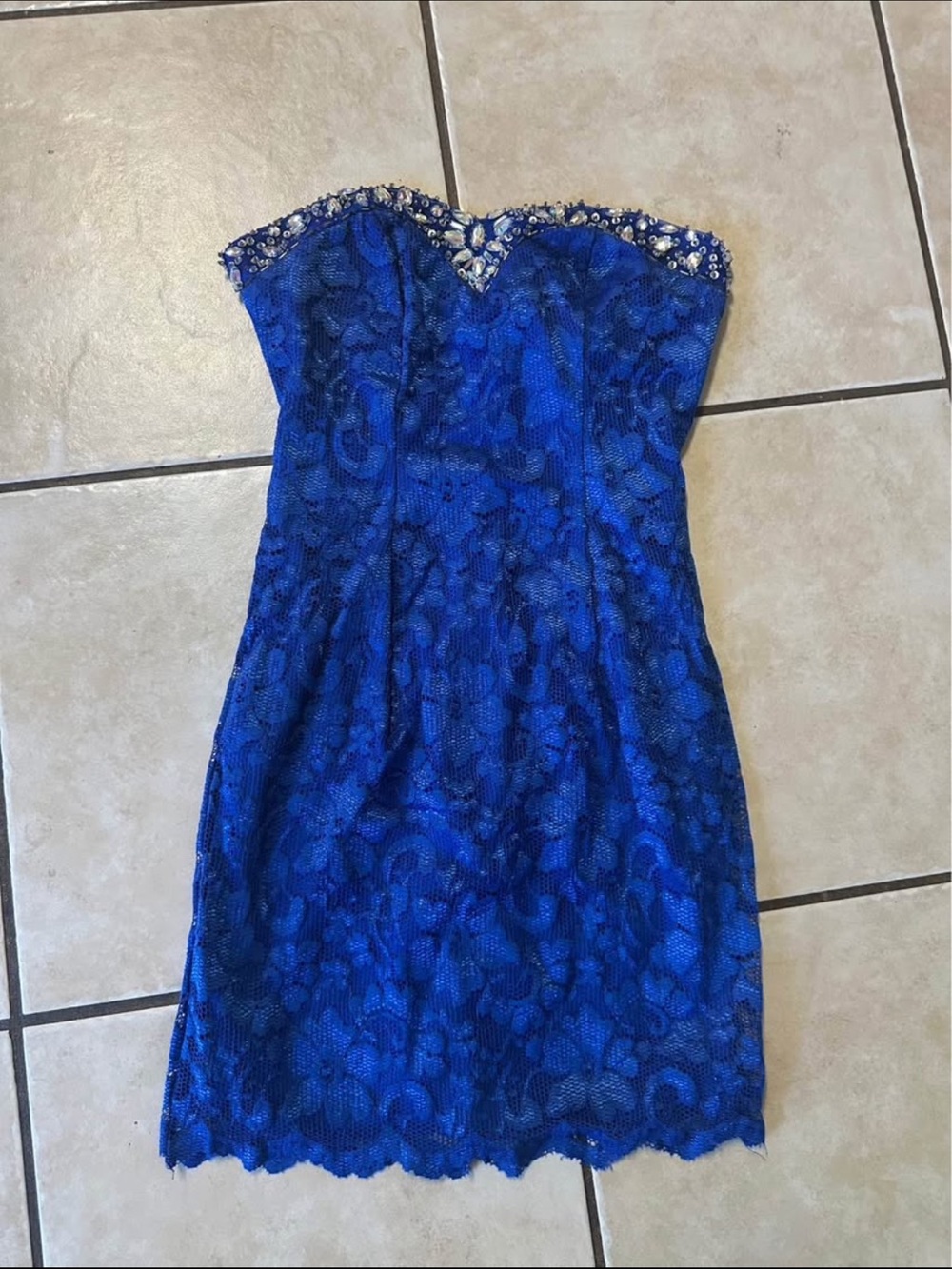 B Darlin Royal Blue Lace Strapless Mini Dress with Beaded Trim